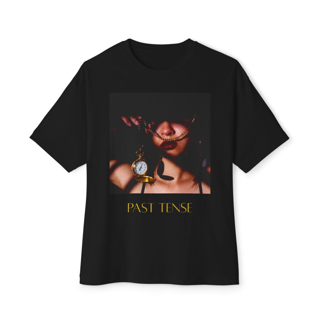 "Past Tense" Cover Art with Gold Text Tee | Oversized Boxy T-Shirt